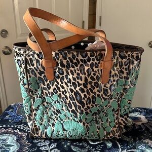 Consuela Leopard Tote with Teal Floral Design